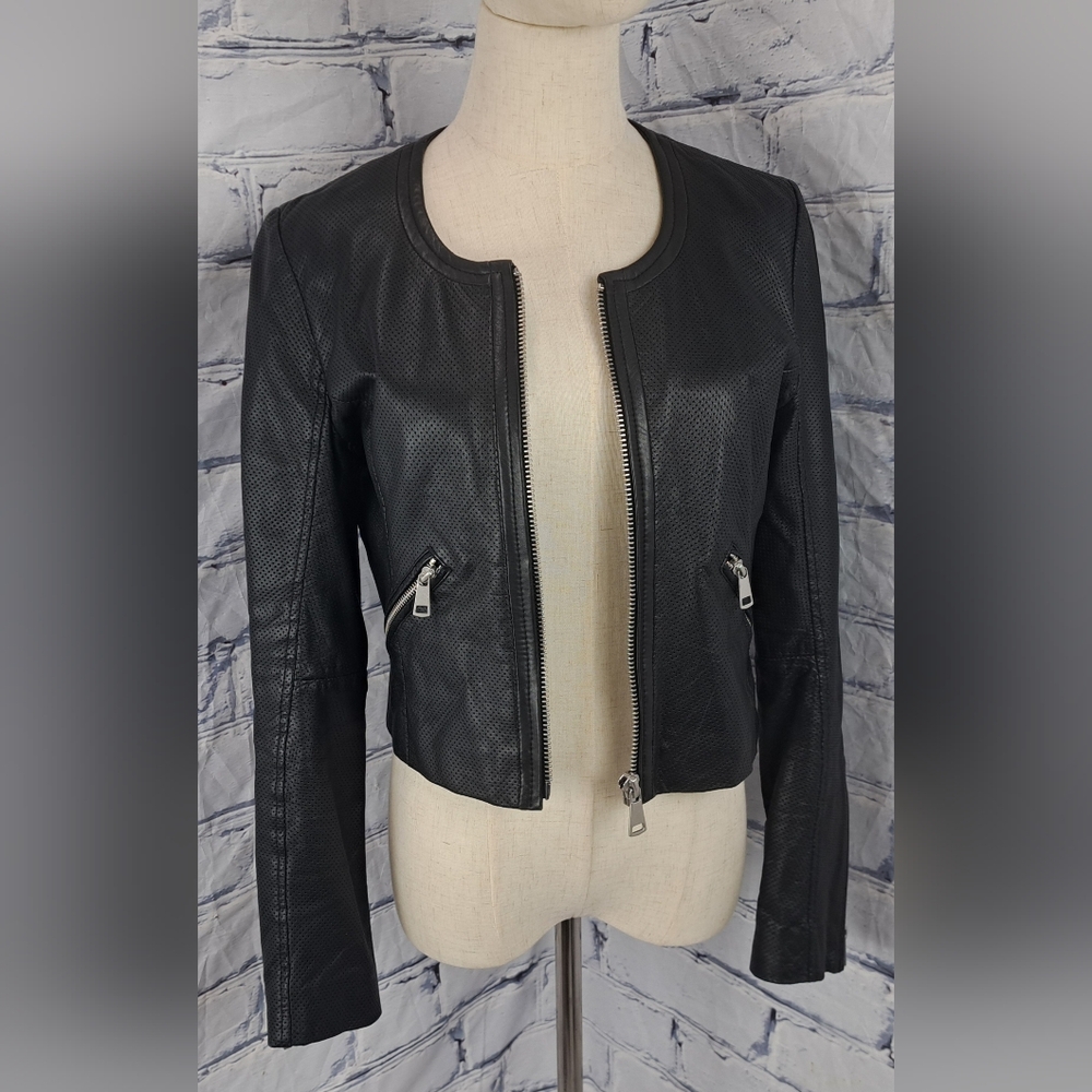 Bagatelle NYC Women's Genuine Leather Jacket Perforated Cropped Zip Cuffs Medium - Picture 6 of 16